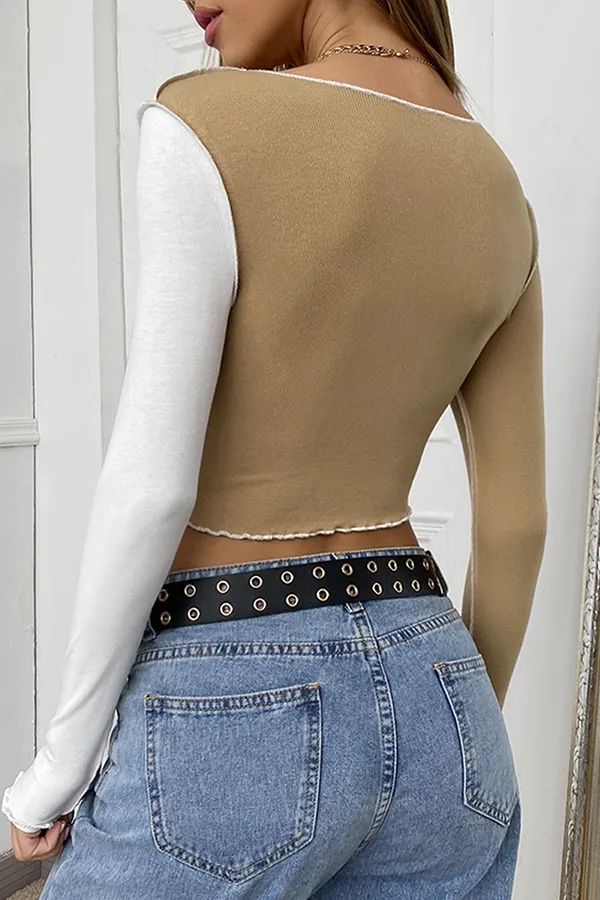 Street Patchwork Contrast O Neck Tops