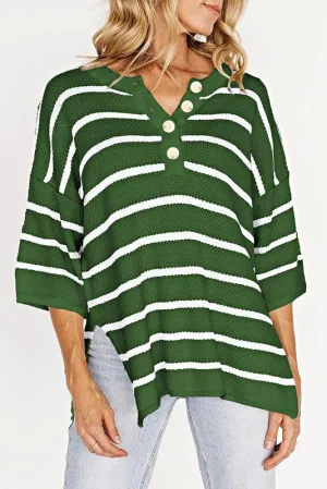 Stripe Drop Shoulder Oversized Henley Knit Tee