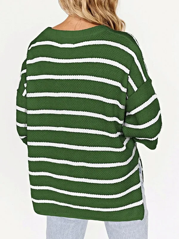 Stripe Drop Shoulder Oversized Henley Knit Tee
