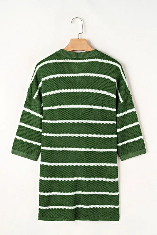 Stripe Drop Shoulder Oversized Henley Knit Tee