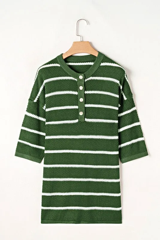 Stripe Drop Shoulder Oversized Henley Knit Tee