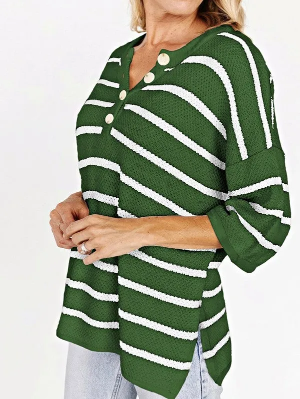 Stripe Drop Shoulder Oversized Henley Knit Tee