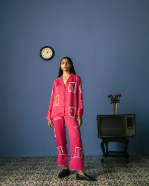 Studio Rigu   I   Australia Block Print Shirt&  Flared Trousers Hand Block Printed Vegan Silk Solid Pink Srch001