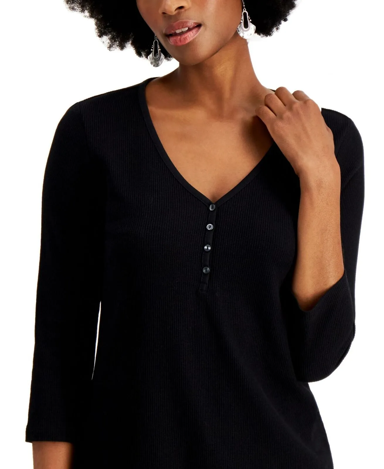 Style & Co Petite V-Neck Henley Thermal Waffle Knit Top