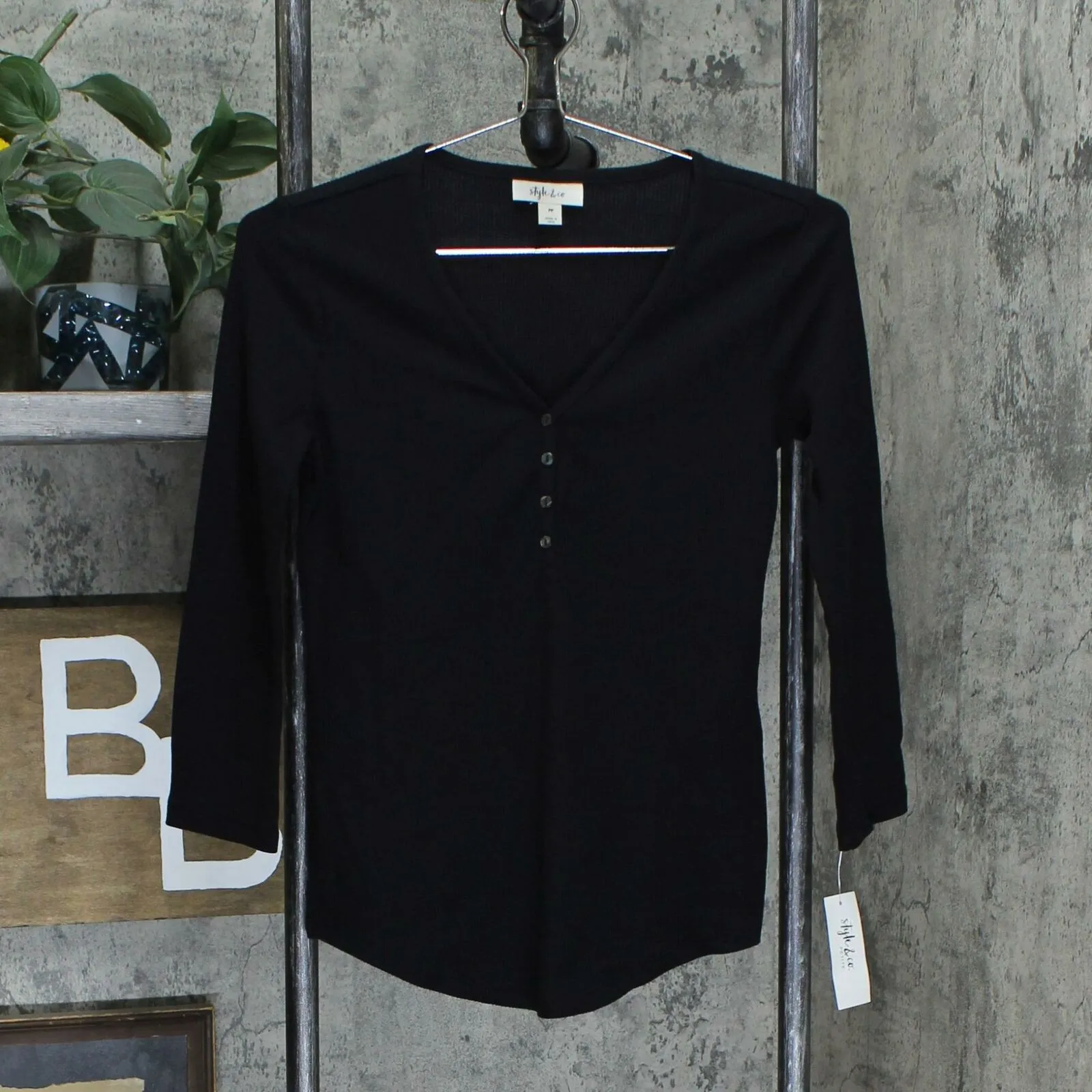 Style & Co Petite V-Neck Henley Thermal Waffle Knit Top