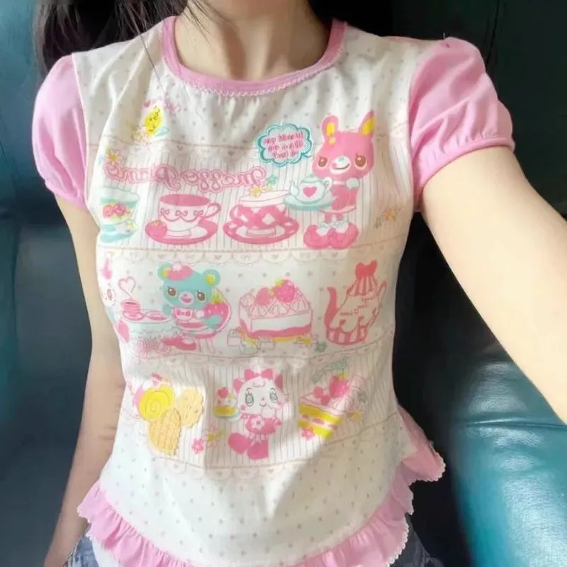 Summer Woman T Shirts Japanese Pink Tees O-neck Cute Anime Tops