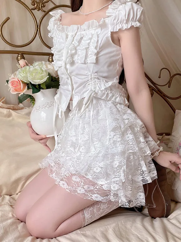 Sweet Lolita Bloomers Tiered Ruffles Lace Loose White Lolita Pant