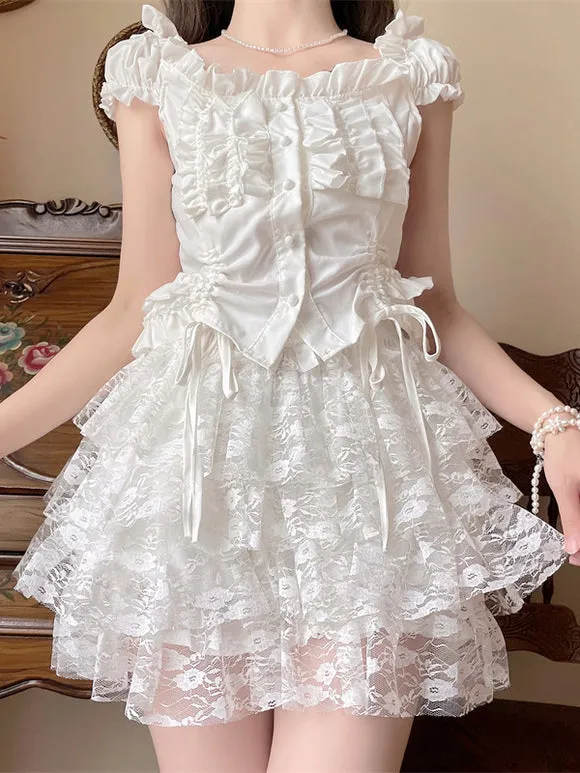 Sweet Lolita Bloomers Tiered Ruffles Lace Loose White Lolita Pant