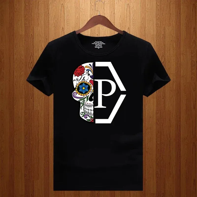 T-shirt luxe PP / Philipp Plein Luxury Brand Half Skull Flower Printed Letter Men and Women 2023 New Loose Short Sleeve T-shirt Round Neck Print T Shirt