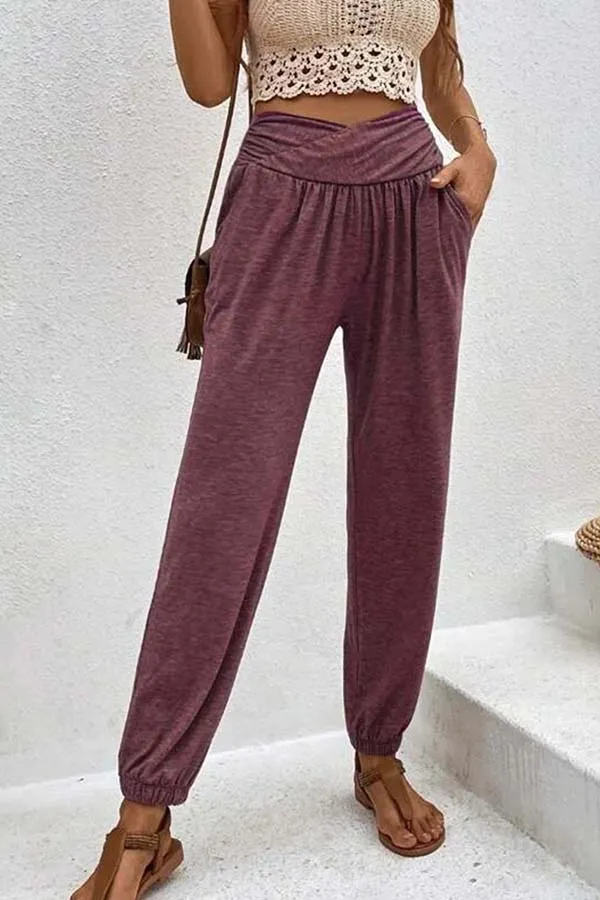 Temperament casual loose pocket high waist trousers