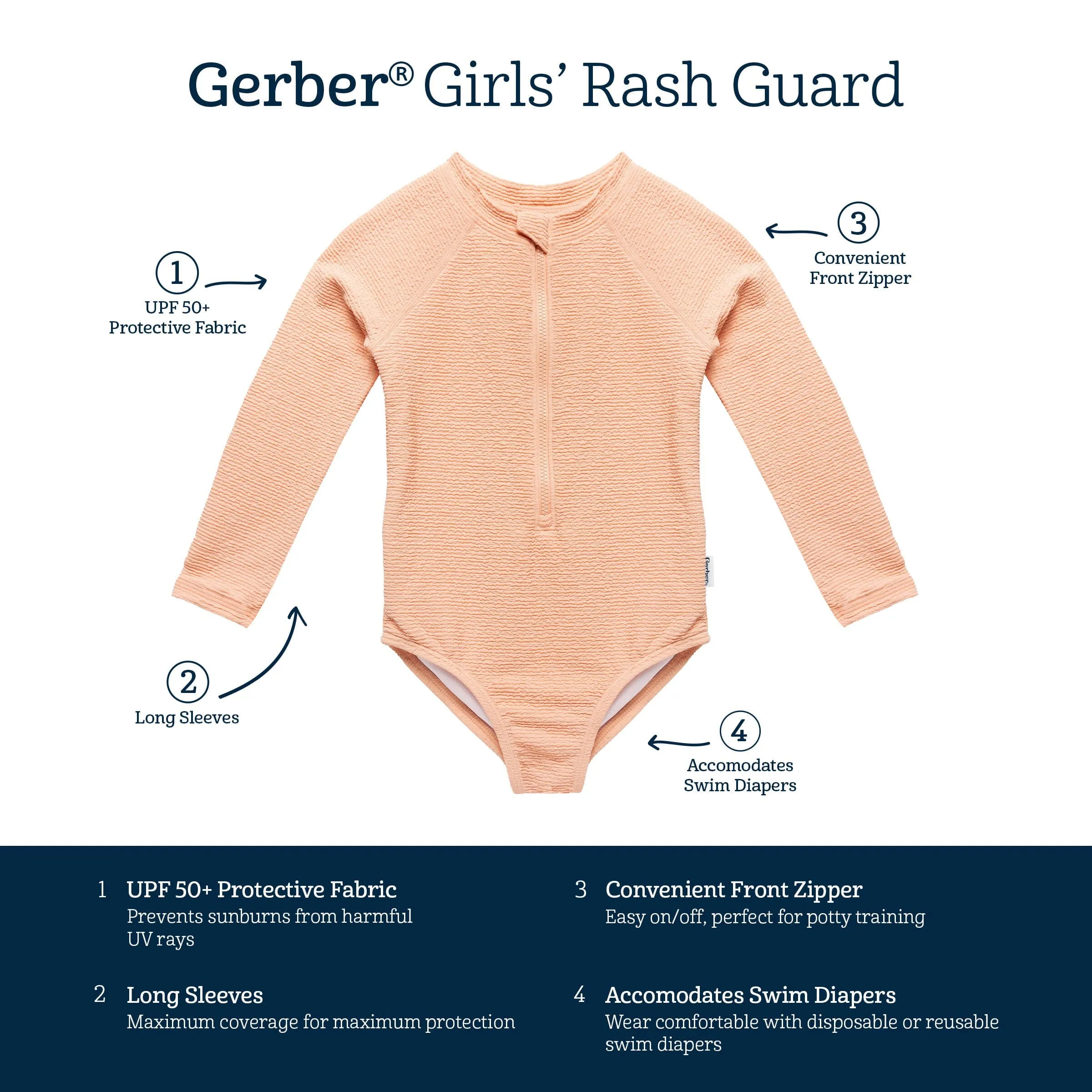 Toddler Girls UPF 50  Peach Rash Guard