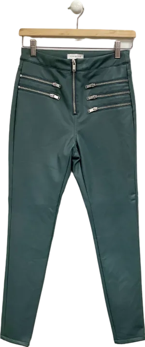 Topshop Green High-Waisted Zip Detail Trousers UK 8