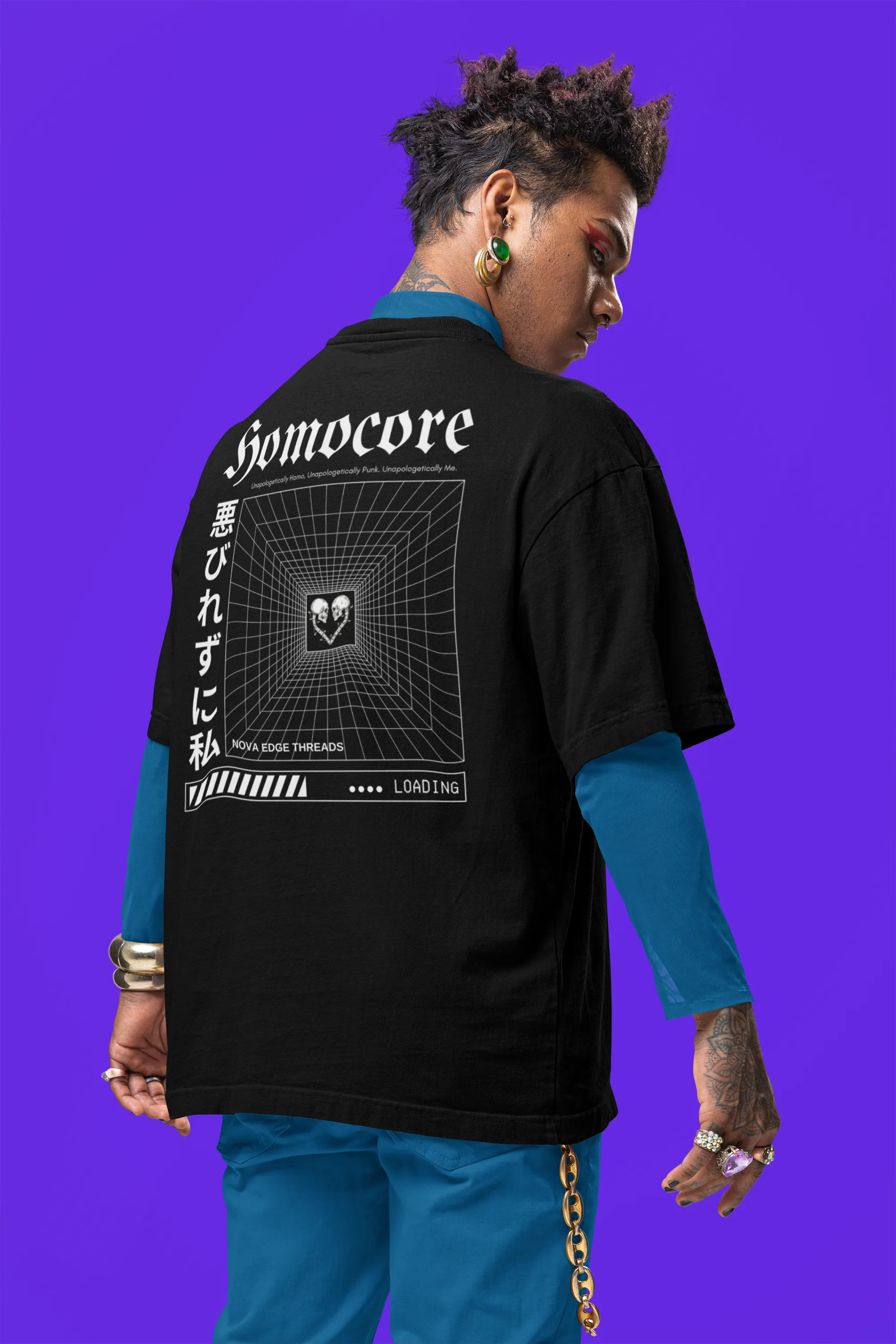 Unapologetically Homocore Graphic Tee Japanese Streetwear Inspired Black Oversize Deep Drop Shoulder Tee - 190 GSM