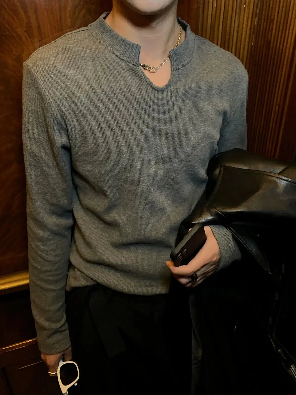 V-neck Waffle Knitted Shirt