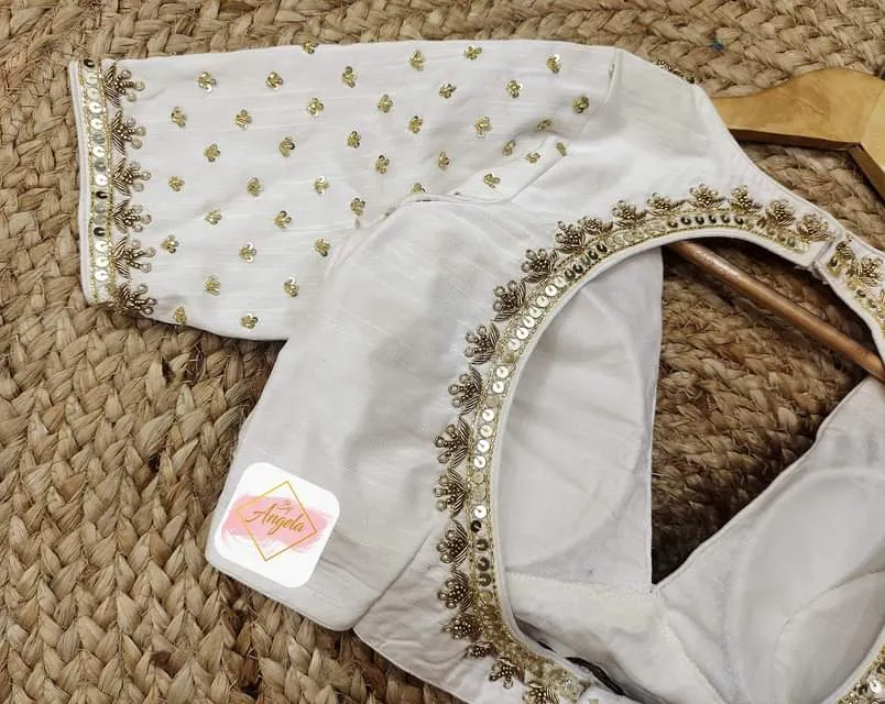 V-Plunged neck blouse with embroidery borders- White