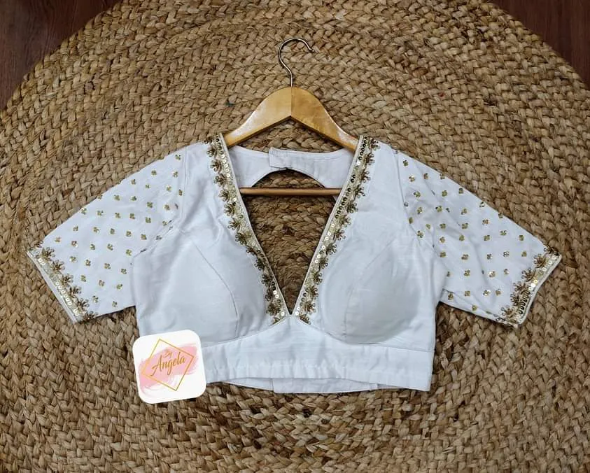 V-Plunged neck blouse with embroidery borders- White