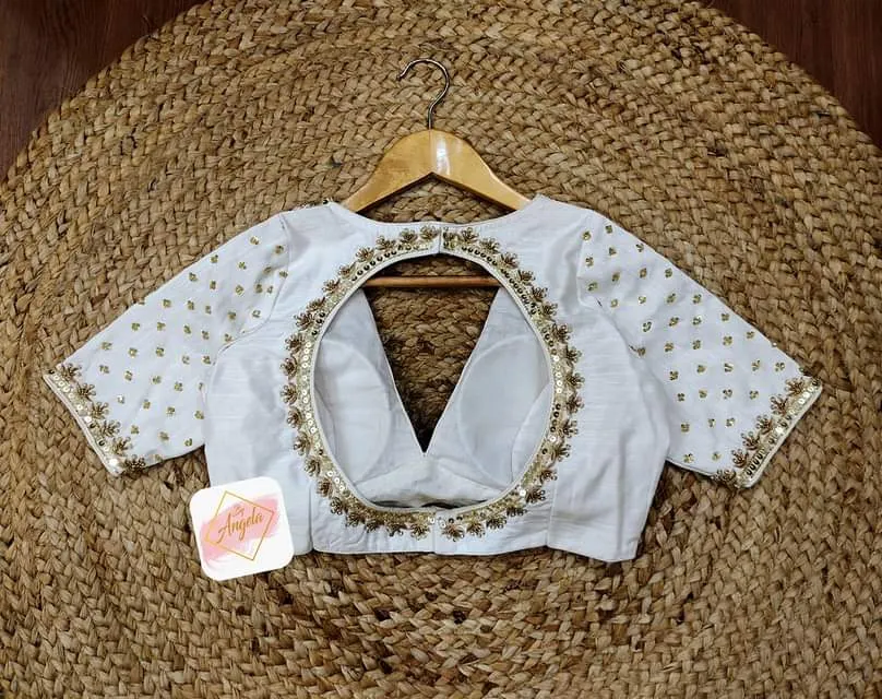 V-Plunged neck blouse with embroidery borders- White