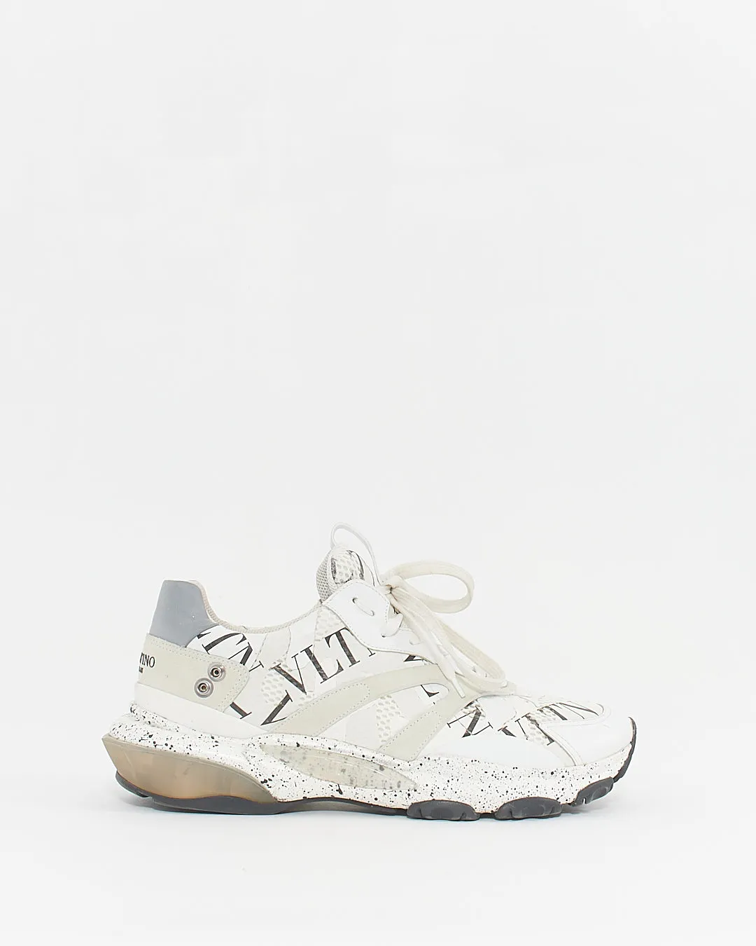 Valentino Men's White/Black Fabric and Leather Camouflage Feathers Sneakers - 44