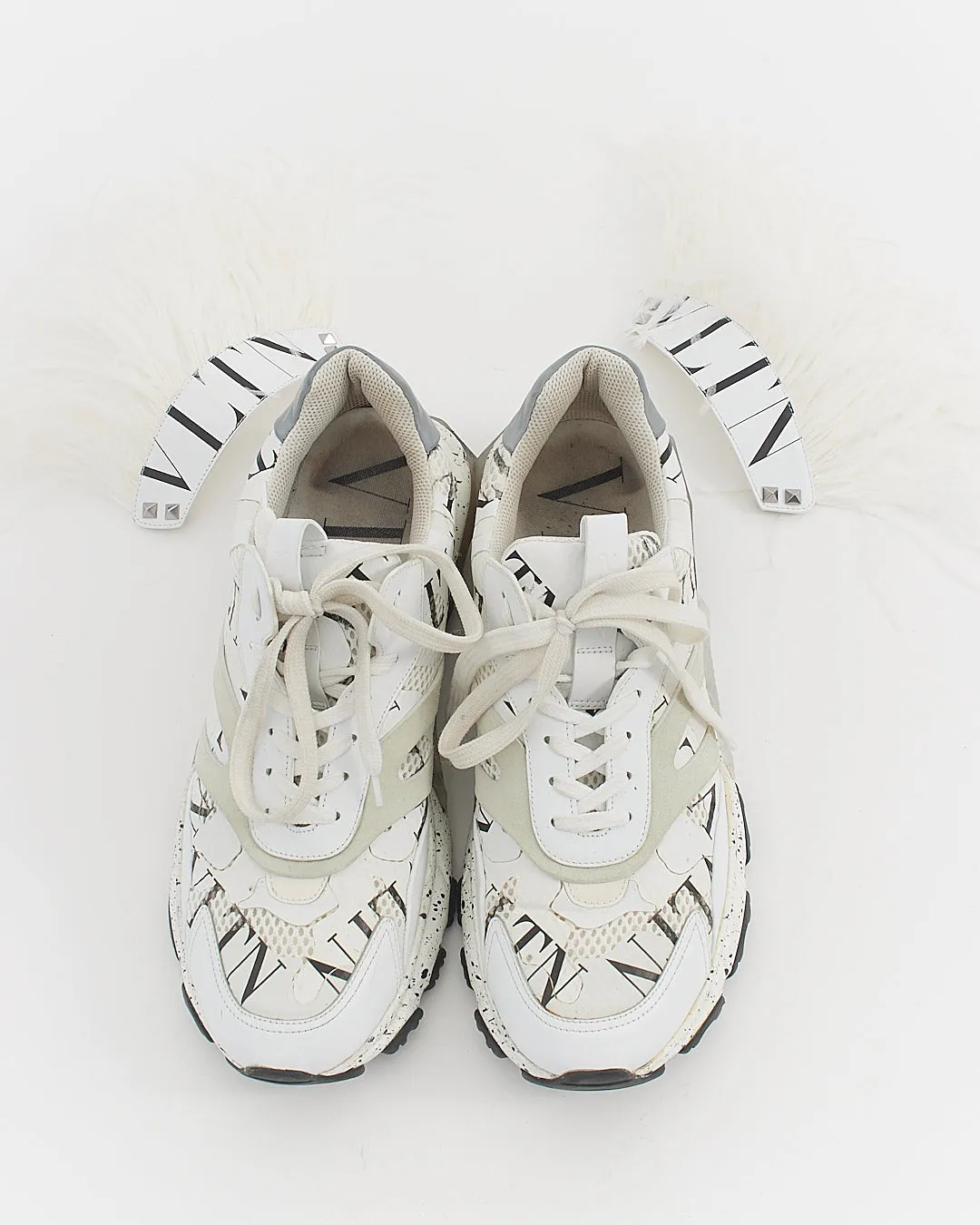 Valentino Men's White/Black Fabric and Leather Camouflage Feathers Sneakers - 44