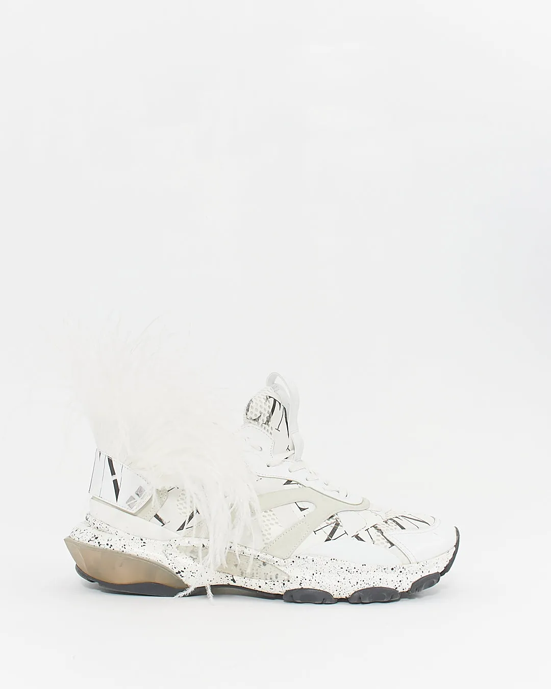 Valentino Men's White/Black Fabric and Leather Camouflage Feathers Sneakers - 44