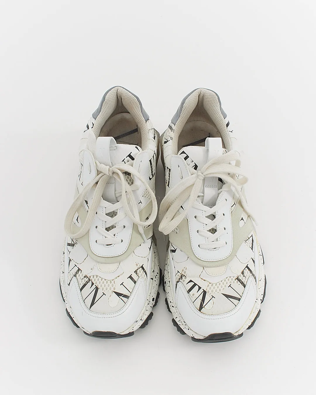 Valentino Men's White/Black Fabric and Leather Camouflage Feathers Sneakers - 44