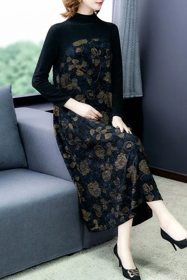 Velvet Flocking High Collar Dress