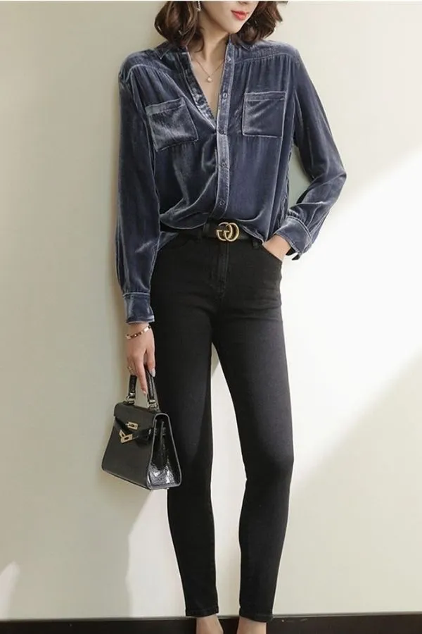 Velvet Shirt Collar Blouse