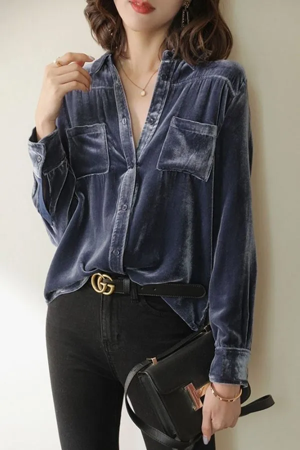Velvet Shirt Collar Blouse