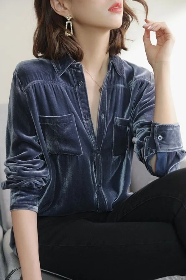 Velvet Shirt Collar Blouse