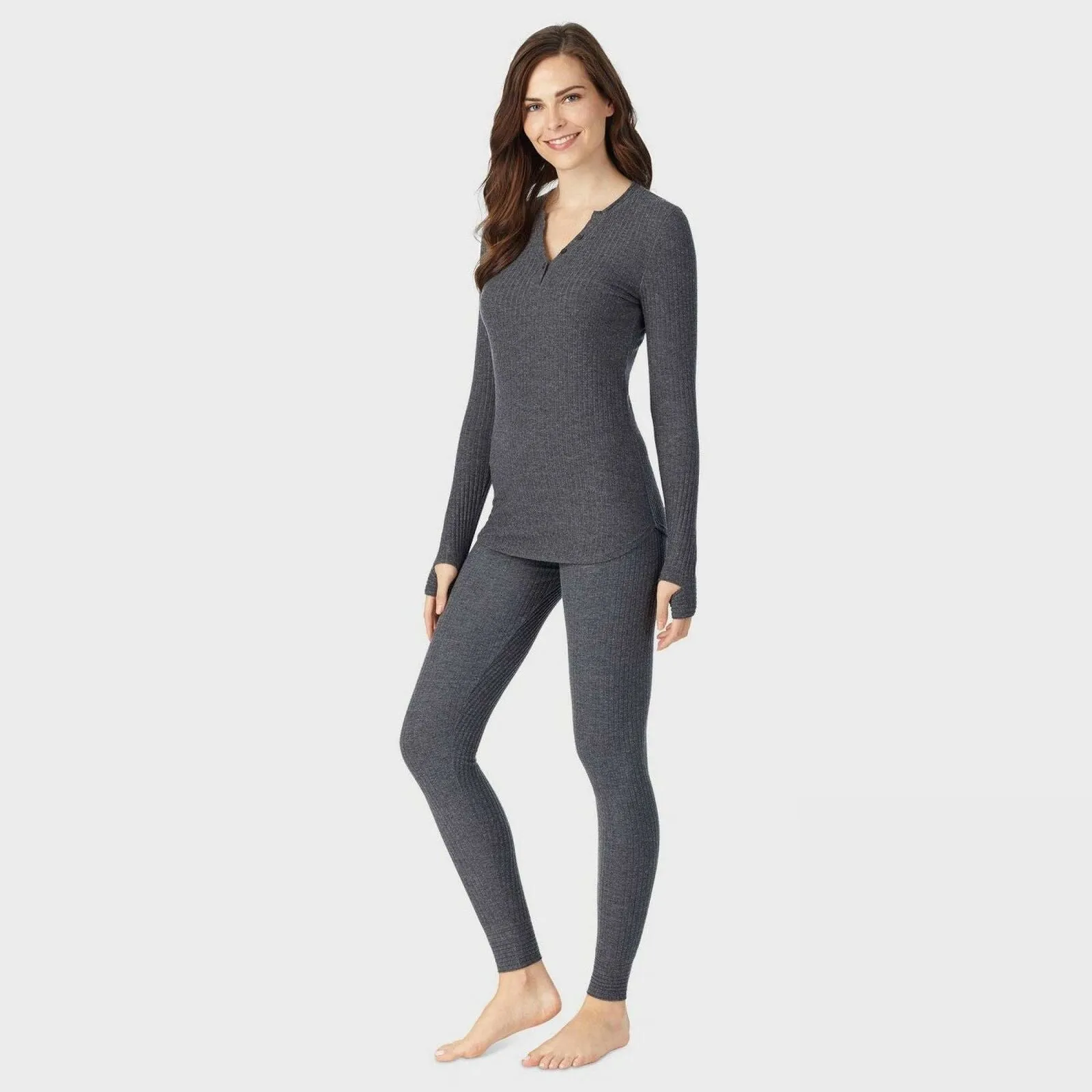 Warm Essentials by Cuddl Duds Women's So Soft Rib Long Sleeve Henley Shirt