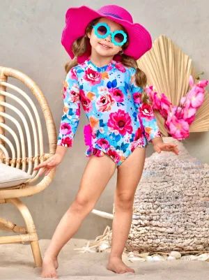 Water Flower One Piece Rash Guard Swimsuit