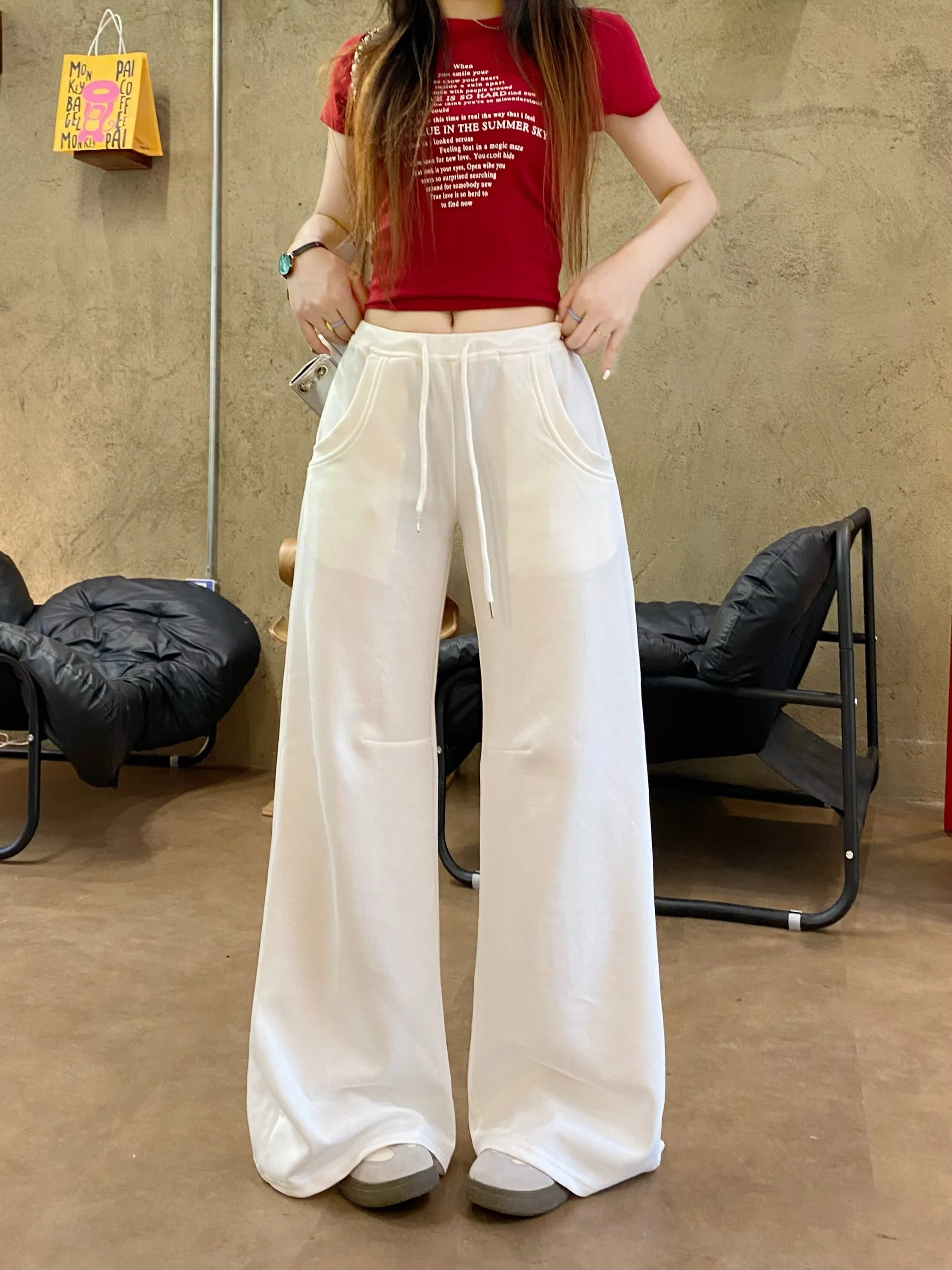 white drawstring casual pants