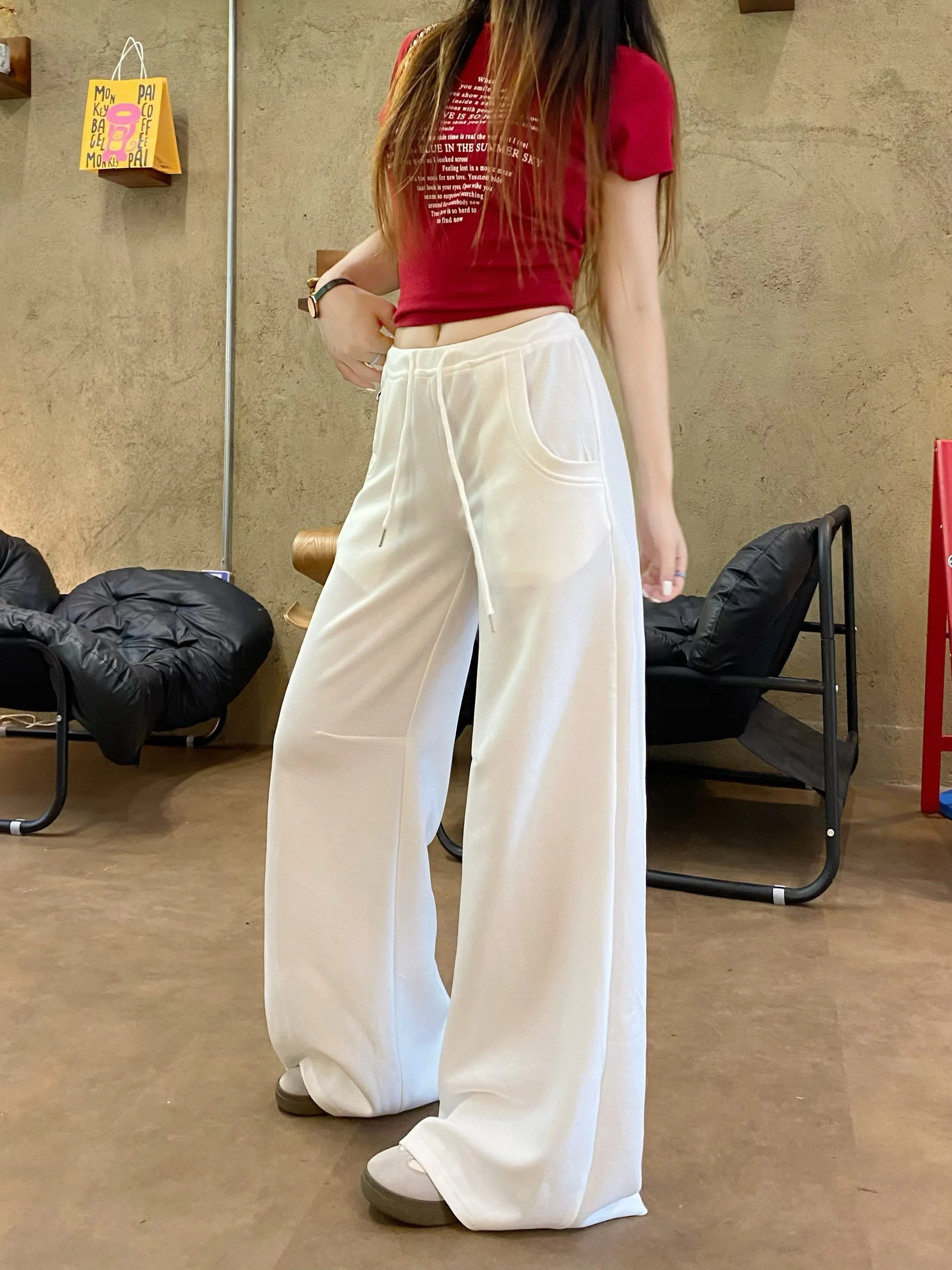 white drawstring casual pants
