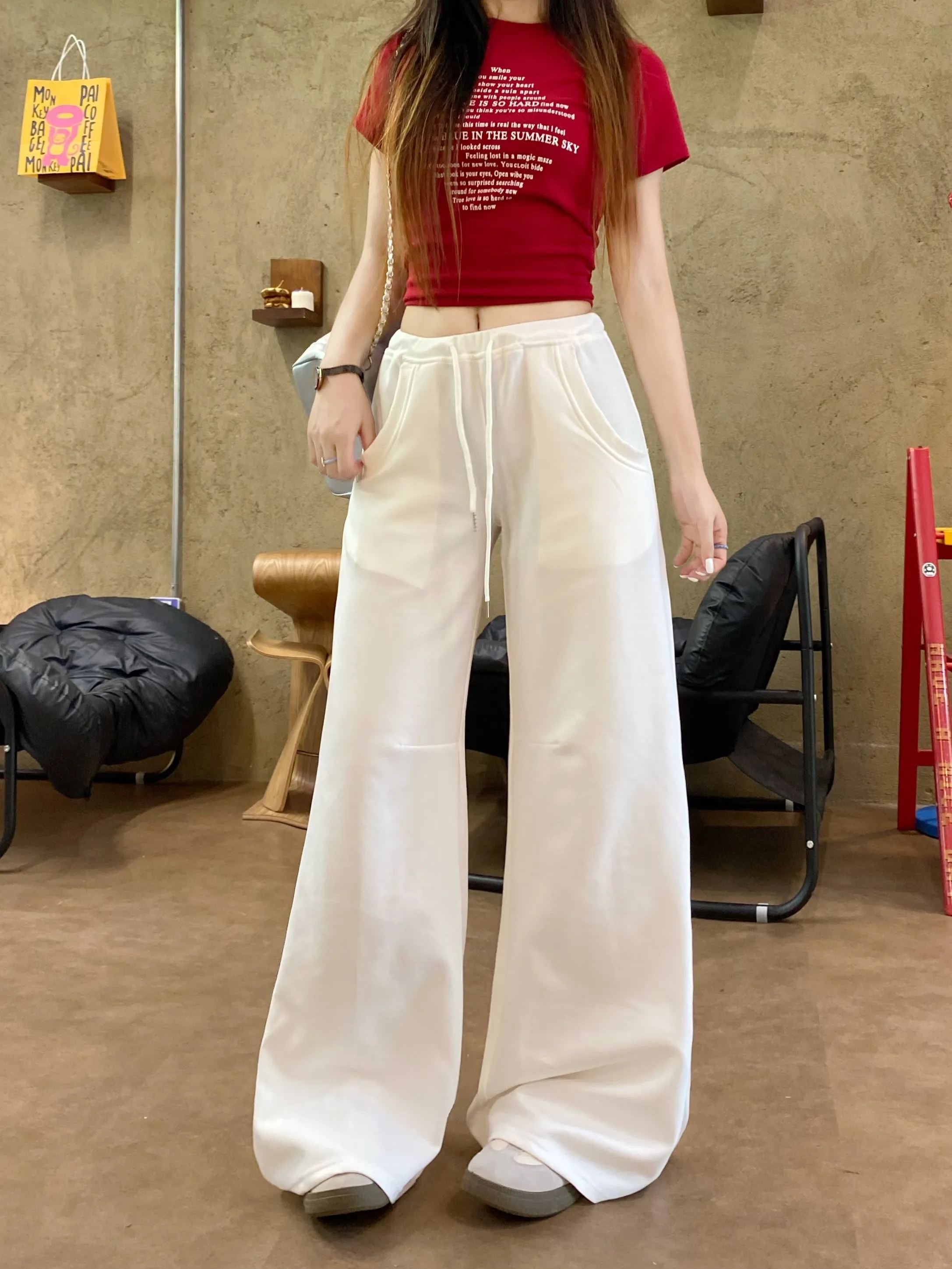 white drawstring casual pants