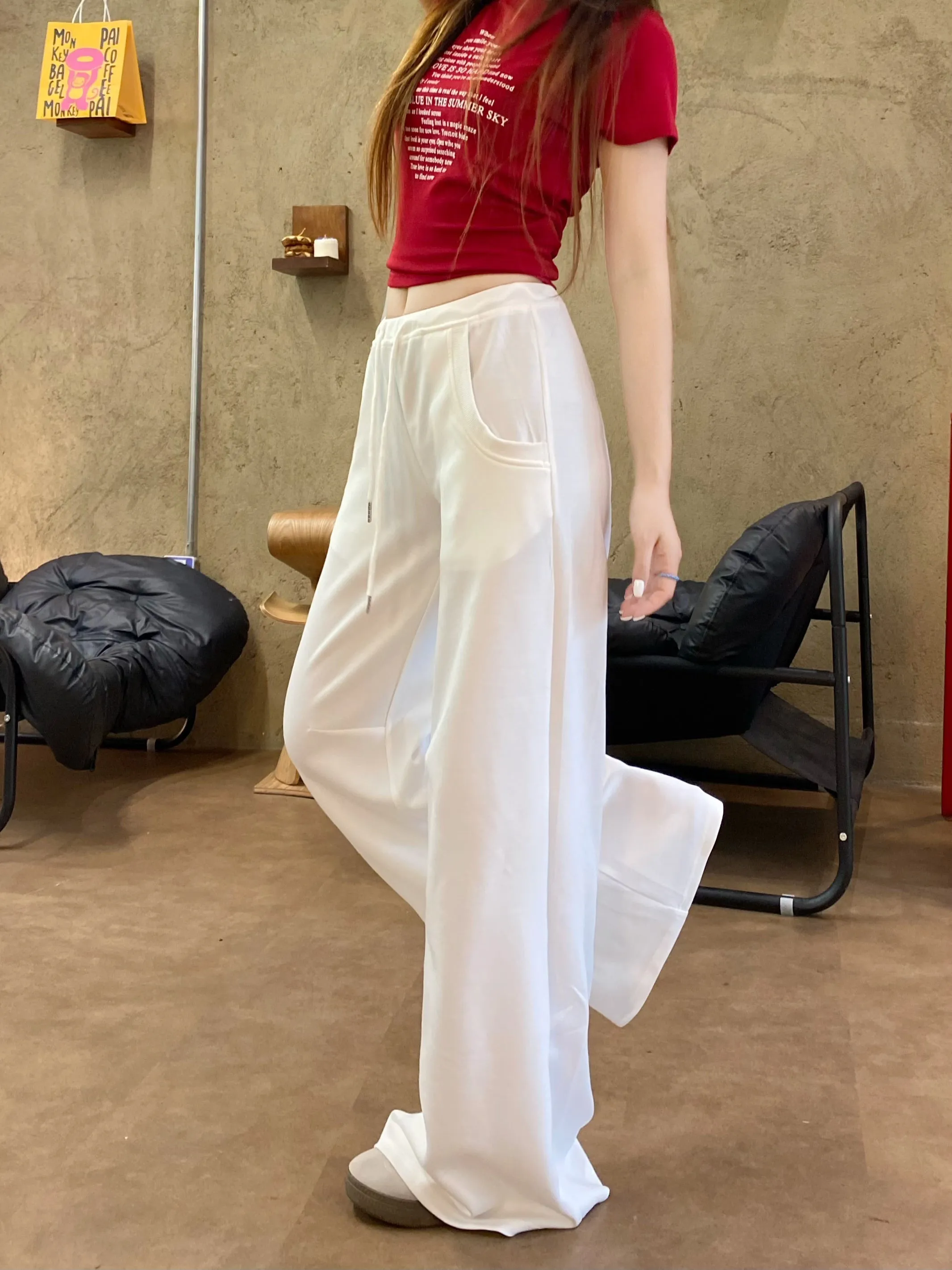 white drawstring casual pants