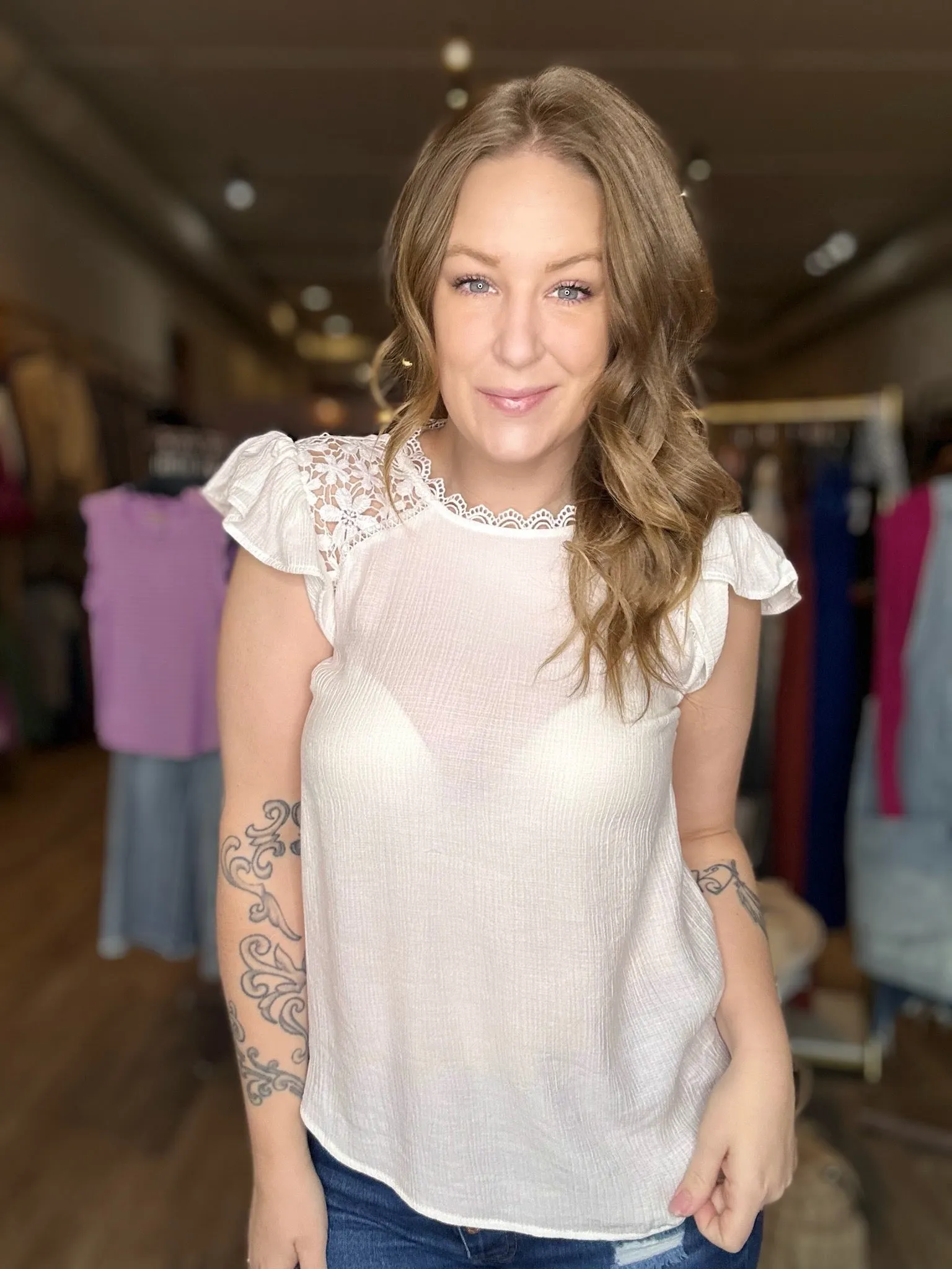 White Lace Short Sleeve Blouse