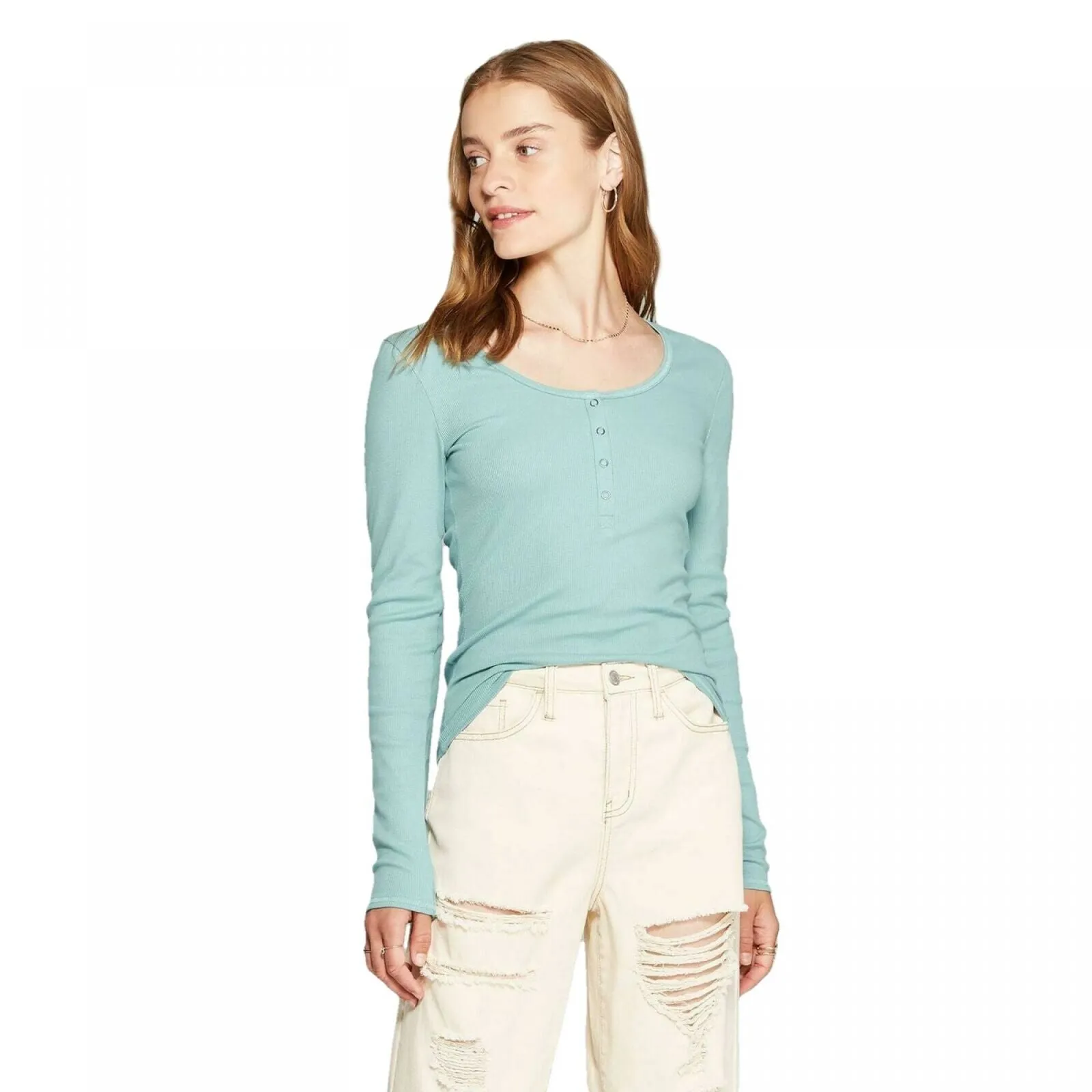 Wild Fable Women's Long Sleeve Rib Knit Henley T-Shirt