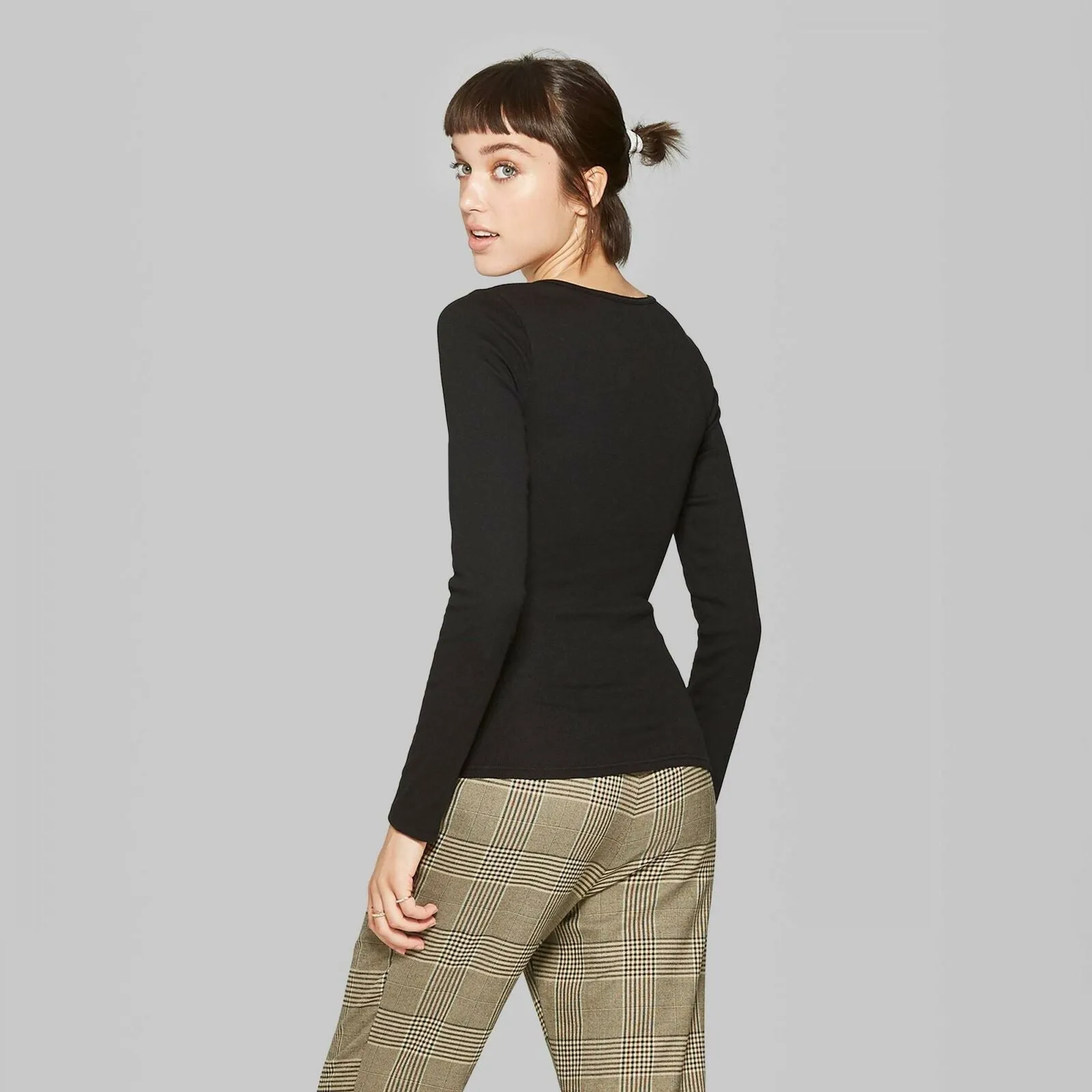 Wild Fable Women's Long Sleeve Rib Knit Henley T-Shirt