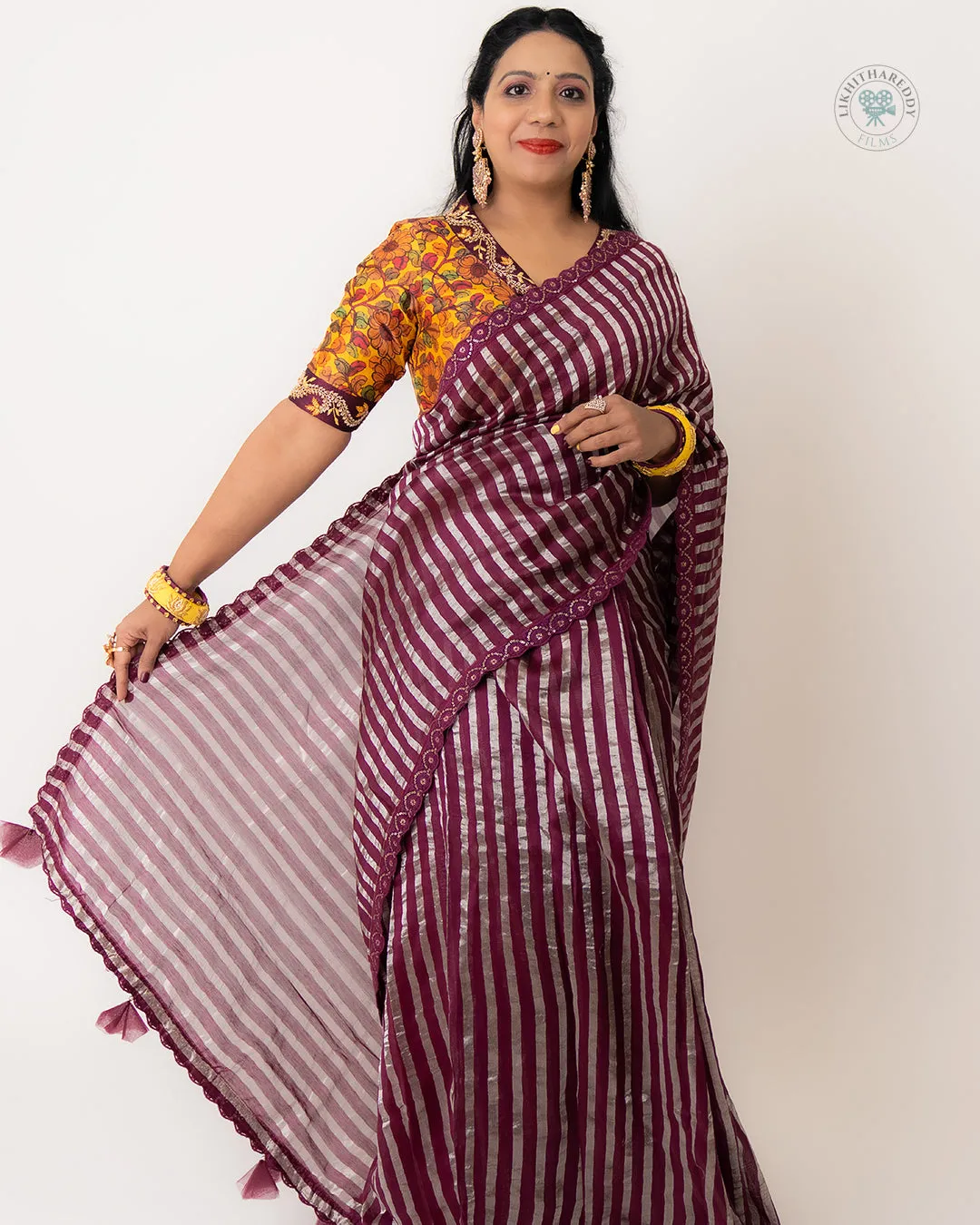 Wine Color Saree with Kalamkari Blouse floral Saree Mehendi Saree Green Saree Peter pan collar blouse Zardhosi work designer blouse -Pattu Saree Blouse -Maggam work blouse - Green Blouse