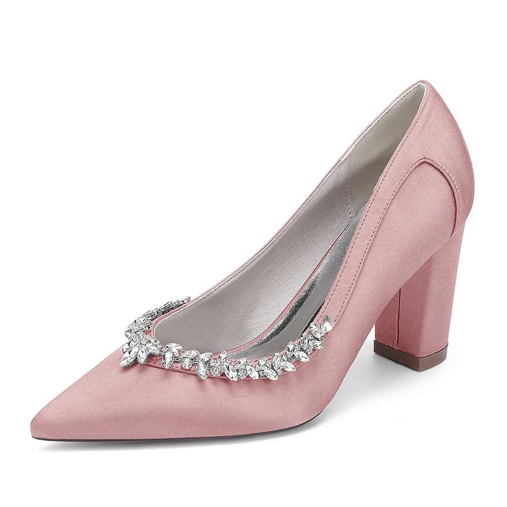 Women Chunky Heel Dress Shoes With Rhinestone Prom Heels Bridal Wedding Shoes