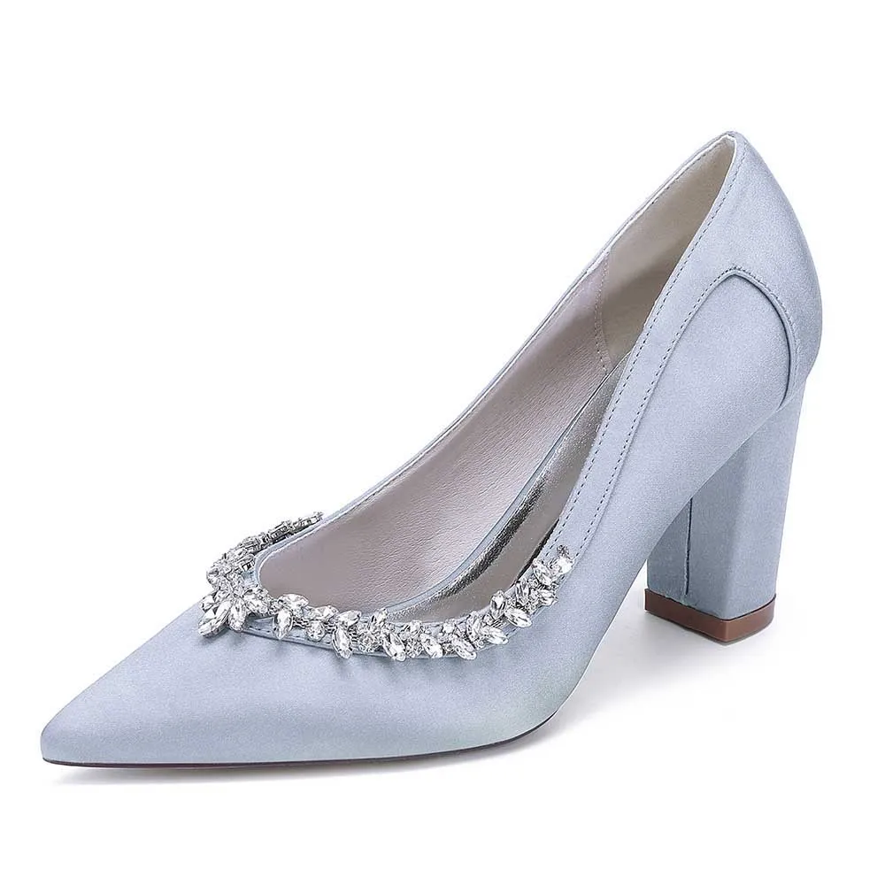 Women Chunky Heel Dress Shoes With Rhinestone Prom Heels Bridal Wedding Shoes