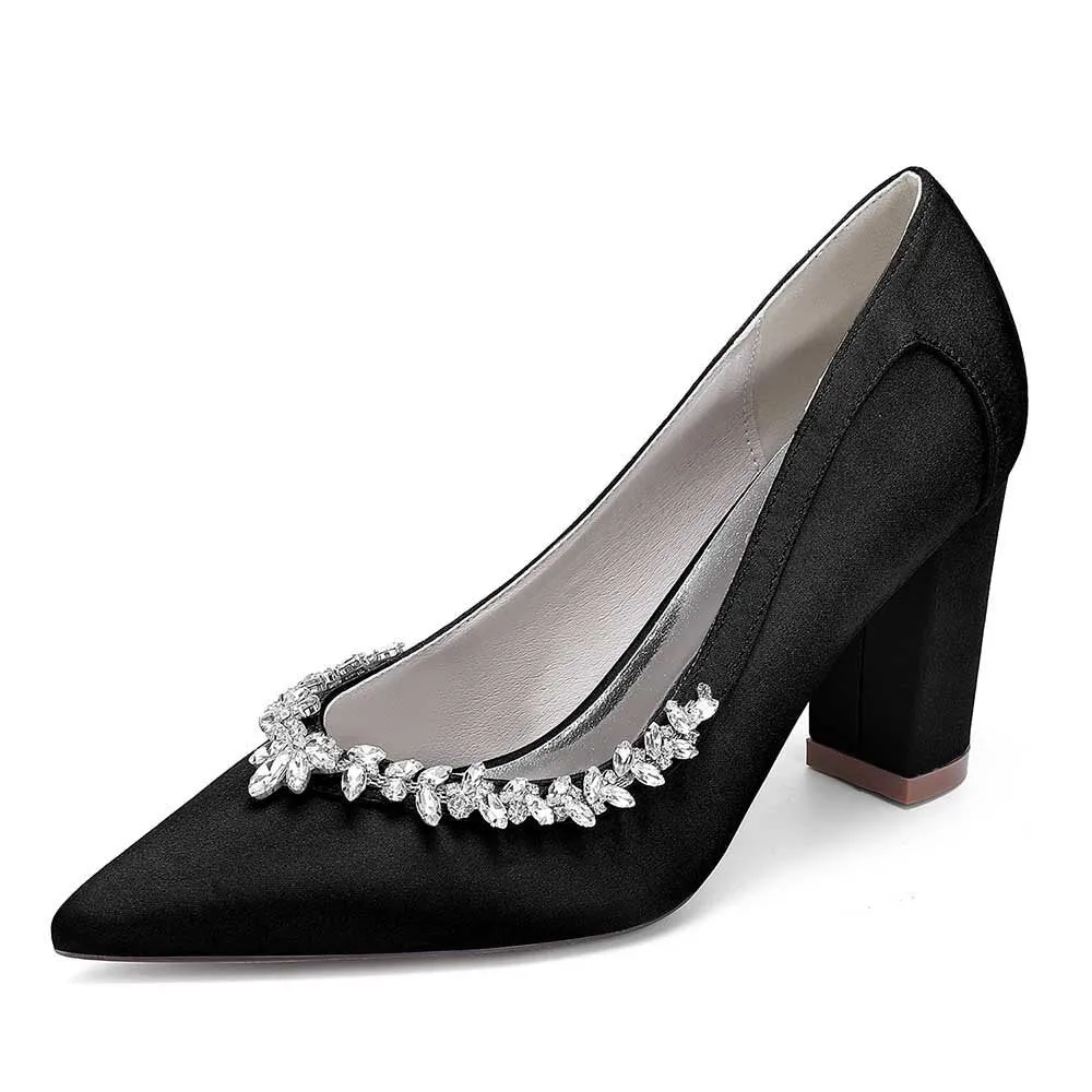 Women Chunky Heel Dress Shoes With Rhinestone Prom Heels Bridal Wedding Shoes