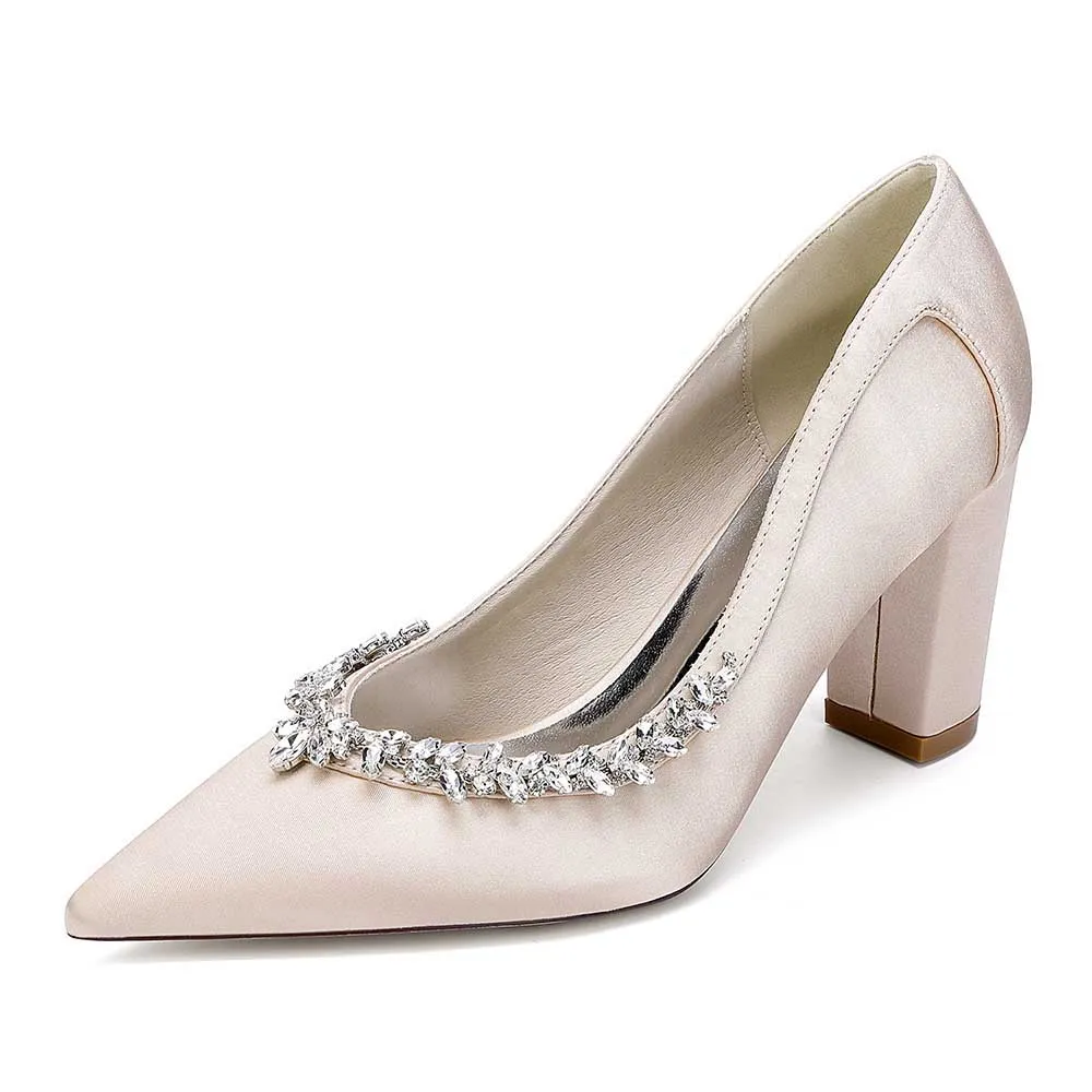 Women Chunky Heel Dress Shoes With Rhinestone Prom Heels Bridal Wedding Shoes
