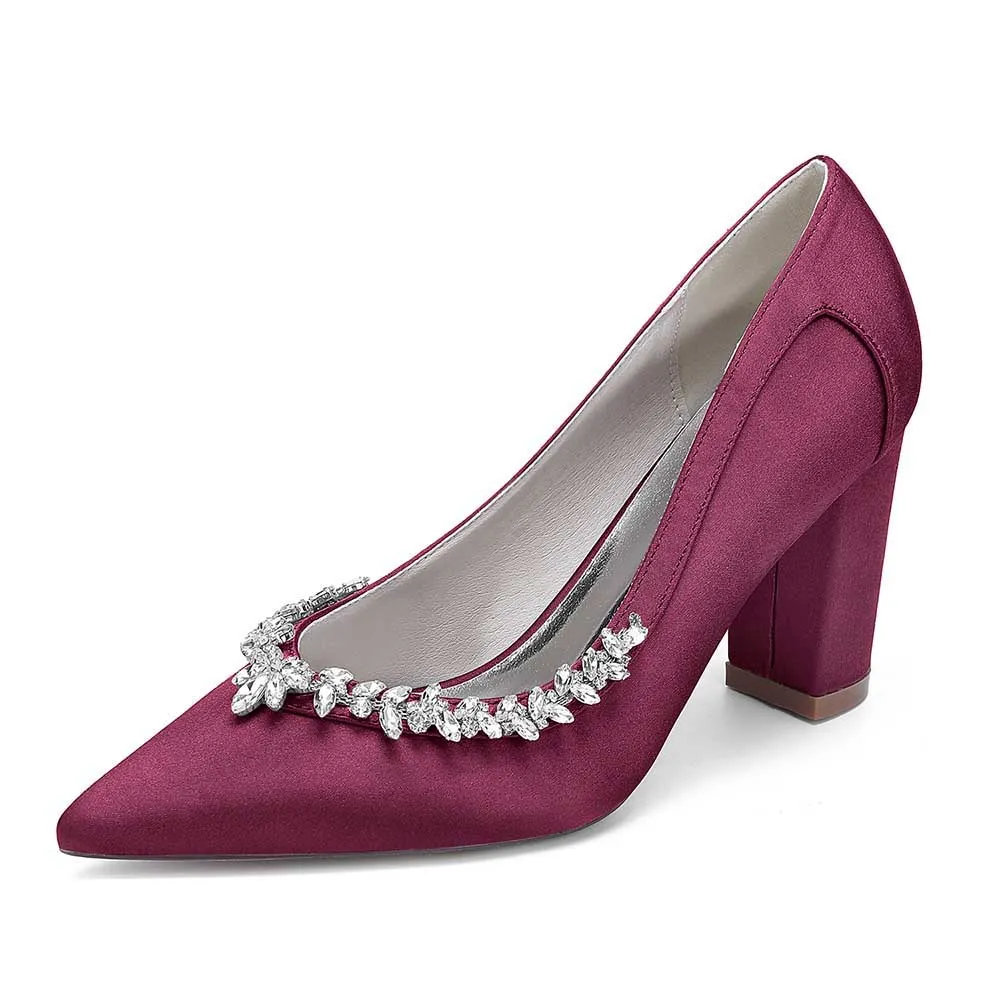 Women Chunky Heel Dress Shoes With Rhinestone Prom Heels Bridal Wedding Shoes
