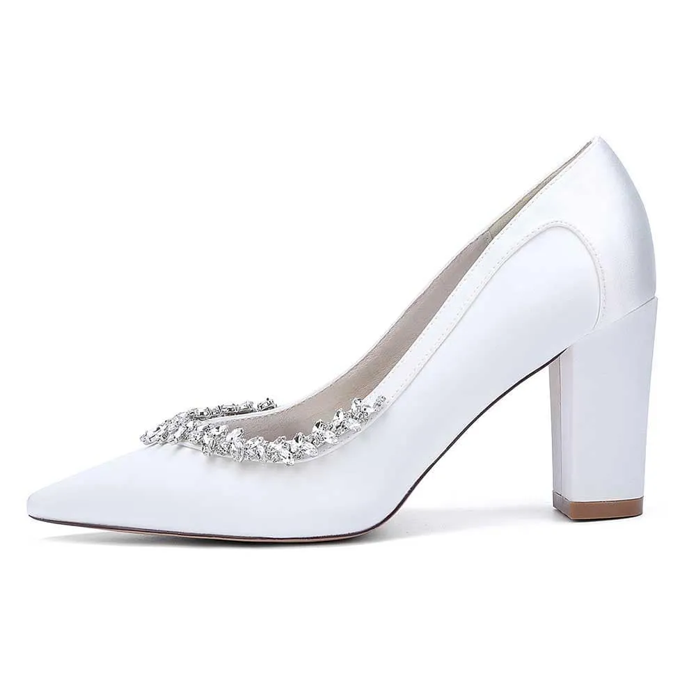Women Chunky Heel Dress Shoes With Rhinestone Prom Heels Bridal Wedding Shoes