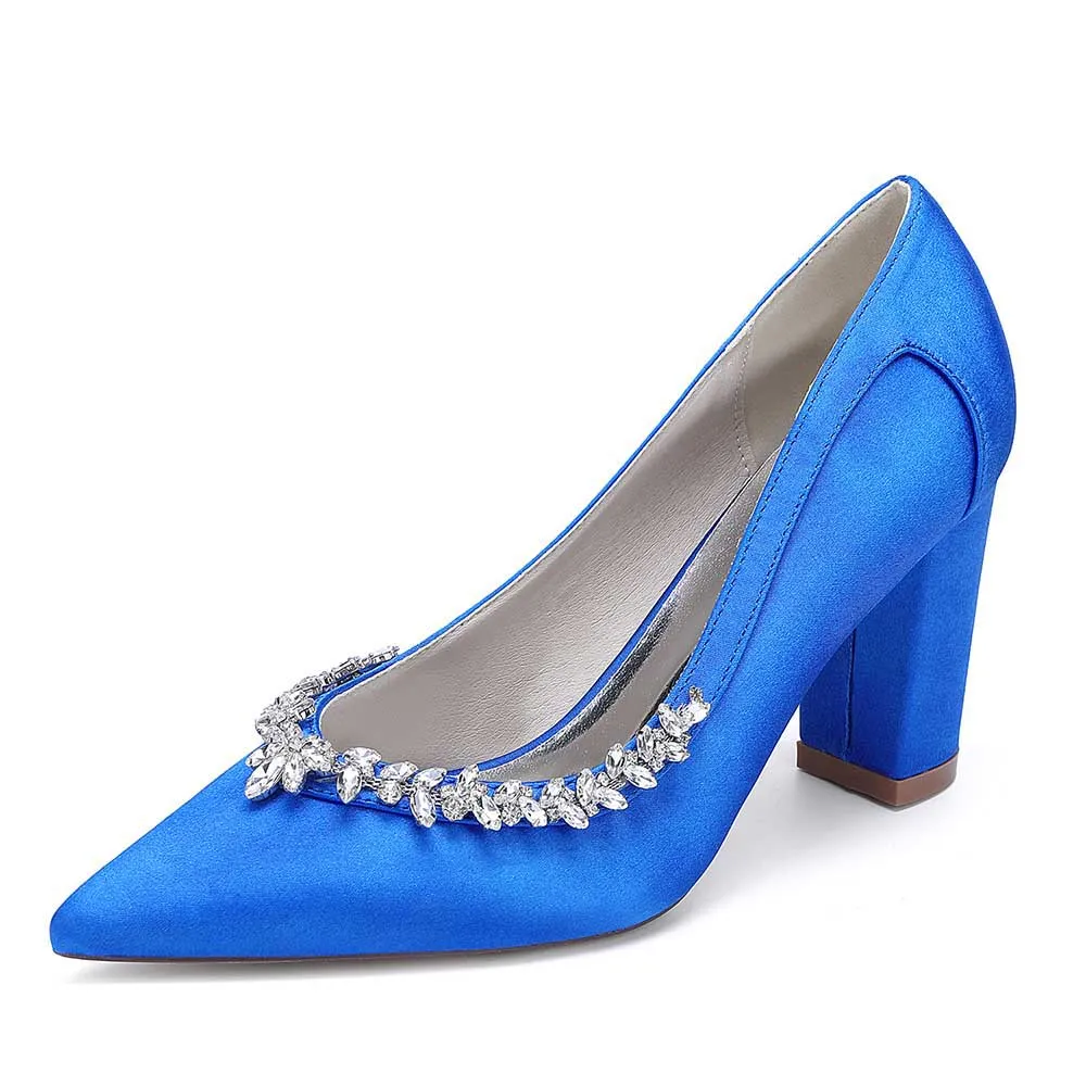 Women Chunky Heel Dress Shoes With Rhinestone Prom Heels Bridal Wedding Shoes