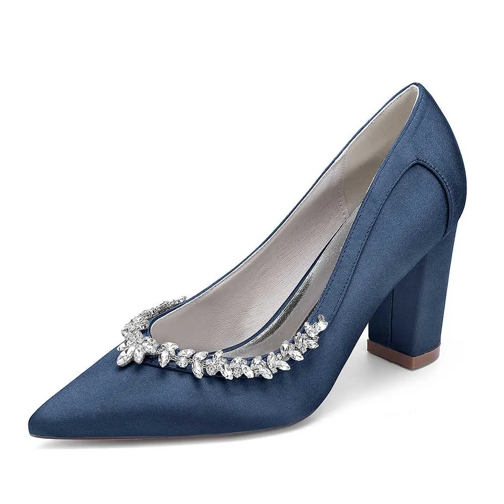 Women Chunky Heel Dress Shoes With Rhinestone Prom Heels Bridal Wedding Shoes