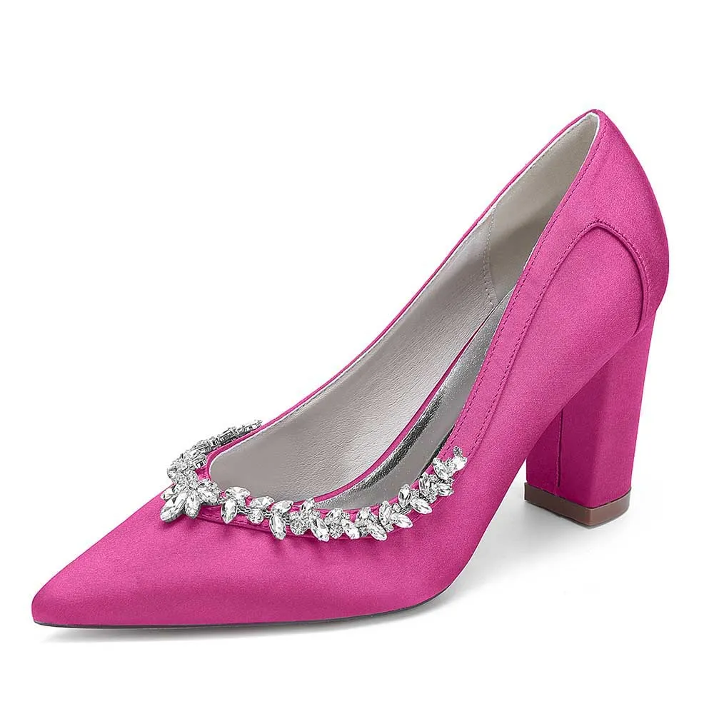 Women Chunky Heel Dress Shoes With Rhinestone Prom Heels Bridal Wedding Shoes