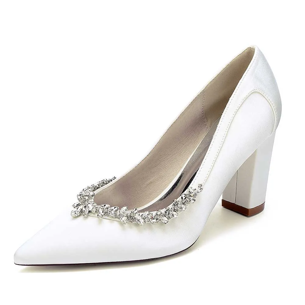 Women Chunky Heel Dress Shoes With Rhinestone Prom Heels Bridal Wedding Shoes