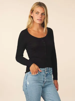 women’s cotton cashmere long sleeve henley - black